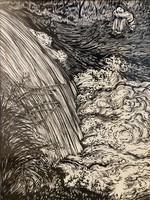Béla Gy. Szabó: child with a waterfall - woodcut