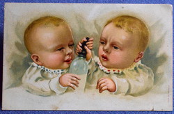 Antique embossed litho greeting card babies fighting on baby bottles