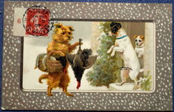 Antik  litho üdvözlő képeslap  kutyusok