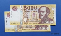 2020 Annual 5,000 HUF sample banknote 2 pcs serial number tracking unc bf0000188-189