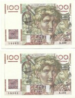 2 x 100 frank francs 1954 sorszámkövető pár Franciaország kötegben hajlott