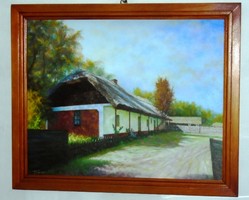 Falu végén * Nívós olajfestmény. 40x50 cm * Hüse J.* Jegyzett.
