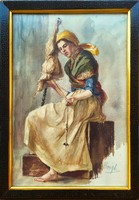 Ihrig sarolta (1858 -? ) Spinning girl c. Antique painting with original warranty