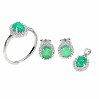 Real green opal 925 silver set with ring and earrings