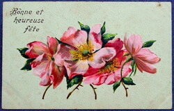 Antique embossed greeting postcard with wild roses