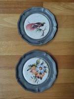 Pewter wall decorations with faience inserts, wall plates