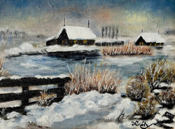 Lejáró a tóhoz, télen - keretezett olajfestmény - 24 x 18 cm a festmény + a keret