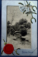 Antik dombornyomott Újévi  üdvözlő képeslap téli tájkép ezüst keretben harangok pecsét