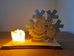 Wooden Christmas winter candle holder with Rudolph and Santa Claus