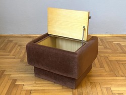 Retro pouf seat with footrest, openable wooden top with internal storage compartment