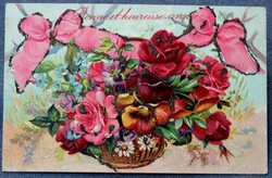 Antik dombornyomott glitteres Újévi üdvözlő képeslap virág kosár