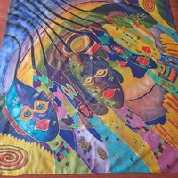 Selyem kendő, Klimt stílus, kézzel szegett, kézzel festett, arany kontúros. Egyedi alkotás ( nagy(