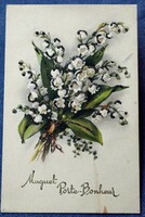 Old glittery greeting card lily flower bouquet embossed letters