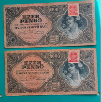 2 db 1945 - Ezer Pengő bankjegy - piros dézsmabélyeggel (76)
