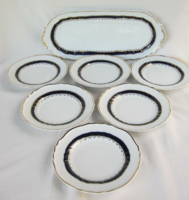 Hollóháza porcelain 6-person cake sandwich set with blue-gold motif, bowl + 6 plates