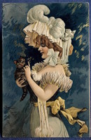 Antik dombornyomott  üdvözlő képeslap arany hajú szép hölgy kiscicával