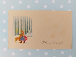 Old mini postcard 1958 Christmas greeting card little girl deer