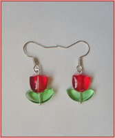 Red tulip earrings with green leaves
