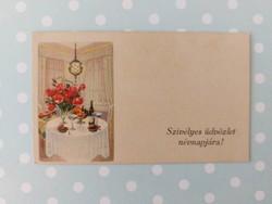 Régi mini képeslap üdvözlőkártya asztali csendélet