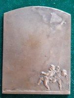 R. LAMOURDEDIEU: Ébresztés, francia szecessziós bronz plakett.