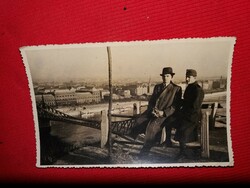 Antique soldier memorial photo on the back of the Ferencz Joseph Bridge / Freedom Bridge and view of Budapest according to pictures
