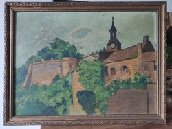 Fodor L.  Templomtorony látkép a várfal tövében olaj festmény