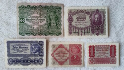 Osztrák korona sor (1922) – 1, 2, 10, 20, 100 (aUNC-EF) | 5 db bankjegy