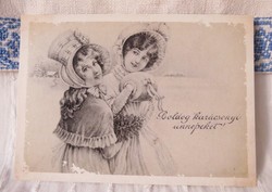 Antik karácsony képeslap alapján készült REPRINT képeslap, elegáns hölgyek, téli táj