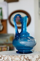 Antique enamel painted blue glass slender jug, spout, carafe, Czech, 19th century