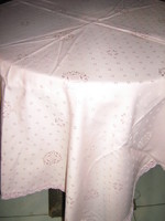 Beautiful elegant pink crochet silk tablecloth with lacy edges