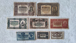 Post-Trianon 1920 Hungarian crown row: 20f, 50f, 1, 2, 10, 20, 50, 100 (aunc-vg) | 8 banknotes