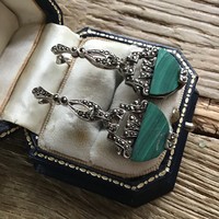 Old art deco style silver earrings with malachite and marcasite stones