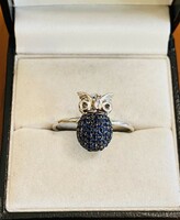 14K white gold owl ring with real sapphires and black diamond eyes!