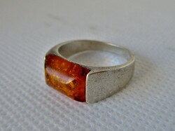 Különleges régi kézműves borostyánköves art deco ezüst gyűrű
