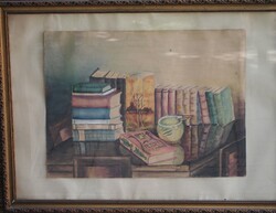István Mizsei: books, watercolor, 60 x 45 cm, perhaps 1949