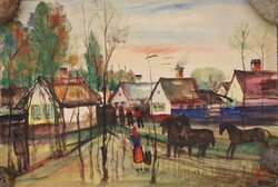 Mizsei István: Falukép lovakkal, aquarell, 43 x 30 cm.