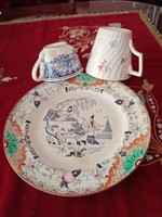 3 pcs - xix.No. - Dutch porcelain faience petrus regout - 1 flat plate timor, 2 cups / mugs