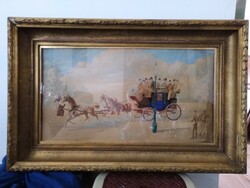 Múlt századi festmény emberekkel és lovas kocsival