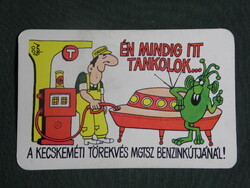 Kártyanaptár,Törekvés MGTSZ benzinkút,Kecskemét,grafikai rajzos,humoros, 1982