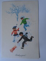 D198914  Újévi lap - malacot kergető gyerekek    1964  rajz Kecskeméty