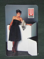 Card calendar, universal department store, Békéscsaba, Orosháza, Gyula, erotic female model, 1989