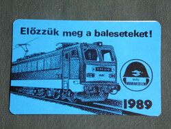 Kártyanaptár, MÁV, vasút, balesetmegelőzés, grafikai rajzos,V63 villanymozdony, 1989