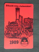 Kártyanaptár, MÁV, vasút, balesetmegelőzés, grafikai rajzos,gőzmozdony, 1989