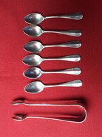 6 silver-plated double (thick silver-plated) mocha spoons and 1 double sugar tongs