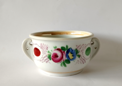 Old hand-painted peony-patterned porcelain bowl with handles, early 1900s
