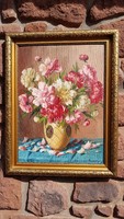 Murin Vilmos: Pünkösdi rózsa, olaj, farost, falc 55x75 cm, elit képkeret. Csendélet, festmény