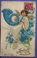 Antik dombornyomott  üdvözlő képeslap - angyal virág trombitával nefelejcs 1905ből