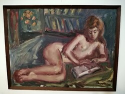 Chovan lanyard (1913-2007) : reading nude model - large oil/canvas painting, with warranty.