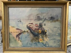 Hajódaru rakodás közben - Akvarell festmény, eredeti, jelzett!