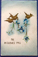 Antik dombornyomott  üdvözlő képeslap - arany madarak virágok